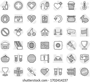 Editable thin line isolated vector icon set - wineglass, medical cross vector, heart, crutch, dropper, brick, dome house, location details, warehouse, vip fence, ring button, orbit, analytics, beet