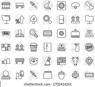 Editable thin line isolated vector icon set - market, broken bone vector, stomach, fountain, curtain, ring button, welcome mat, knife holder, cow, acorn, sprayer, maple leaf, foam bucket, top sign