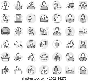 Editable thin line isolated vector icon set - hand coin, broken vector, doctor, architector, client, support manager, do not trolley sign, security man, confidential, tourist, passenger, invalid