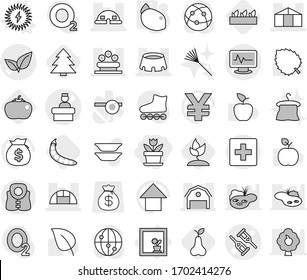 Editable thin line isolated vector icon set - flower, crutch vector, monitor pulse, leafs, hospital recieption, barn, dome house, greenhouse, bed, stadium, first aid, life vest, in window, lemon
