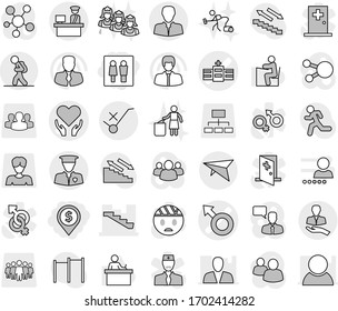 Editable thin line isolated vector icon set - wc, dollar pin, male sign vector, hospital, health care, stairs, client, customs control, do not trolley, security man, deltaplane, tourist, garbage bin