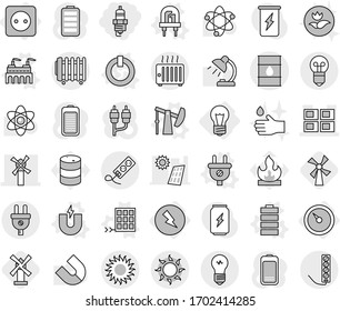 Editable thin line isolated vector icon set - spark plug, panel house, windmill, barrel, sun, bulb, barometer, electricity, power socket, magnet vector, led, on off button, factory, oil pump, solar