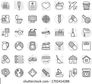 Editable thin line isolated vector icon set - pill vector, recipe, globe, heavy, earth, lounger, coffee maker, factory, plane, steam pan, handle scales, harvester, garden, toilet, broom, foam bucket
