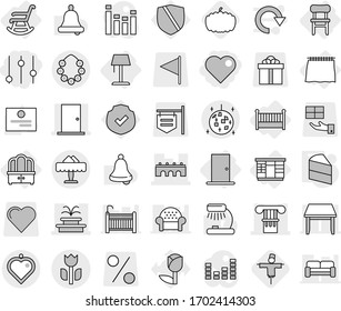 Editable thin line isolated vector icon set - heart, equalizer, column, bridge, door, fountain, perishable, hawaiian wreath, disco ball, restaurant, pendant, curtain, wardrobe, dresser, chair, crib