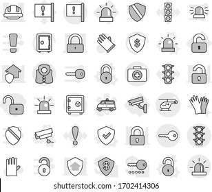 Editable thin line isolated vector icon set - unlock, doctor case vector, ambulance helicopter, lock, building helmet, important flag, traffic light, key, safe, life vest, unlocked, alarm, shield