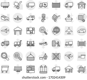 Editable thin line isolated vector icon set - delivery, cargo stoller, warehouse, plane, shipping, car, loading crane, top sign, courier, search, package, Railway carriage vector, truck trailer