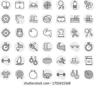 Editable thin line isolated vector icon set - t shirt, stopwatch, dome house, stadium, pool, diving mask, surfer, tennis, golf, windsurfing, inflatable, target vector, barbell, weight, jump rope