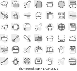 Editable thin line isolated vector icon set - bbq, pan, chief hat, apron, cook glove, whisk, big spoon, gas oven, induction, double boiler, salt pepper, food processor, sieve, vector, timer, spatula