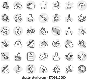 Editable thin line isolated vector icon set - dna vector, pill, recipe, biohazard, liver, syringe, ambulance sign, acid, chemical, atom, electric magnet, satellite, robot, thermometer, viruses
