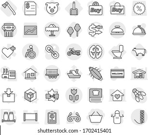 Editable thin line isolated vector icon set - basket, brain vector, fence, truck shipping, perishable, motorcycle, restaurant, invalid, antique column, service bell, home, toilet, scoop, 3d, cow
