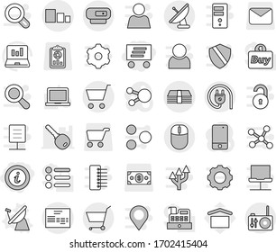 Editable thin line isolated vector icon set - delivery, info, money, invoice, sorting, cart, satellite antenna vector, notebook pc, laptop graph, dry cargo, report, mail, mobile phone, social media