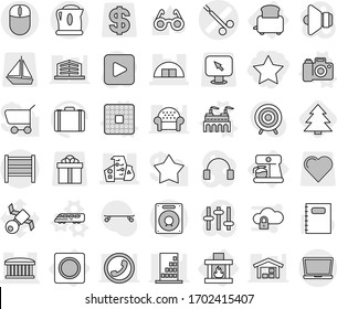 Editable thin line isolated vector icon set - star, surgical clamp vector, airport building, hangare, modern architecture, rack, coffee maker, toaster, ring button, fireplace, cpu, factory, camera