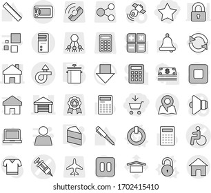 Editable thin line isolated vector icon set - add to cart, star, disability vector, syringe, home, garage, trip, map, on off button, unlock, pan, cake, reload, ruler, pen, bell, calculator, t shirt