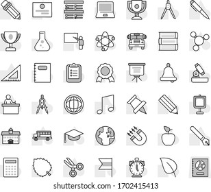 Editable thin line isolated vector icon set - book vector, copybook, graduate hat, pen, university, pencil, blackboard, corner ruler, drawing compass, student, apple fruit, atom, microscope, bell