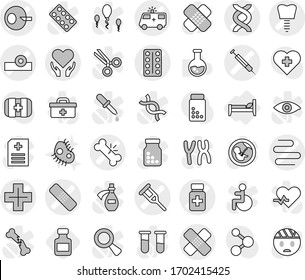 Editable thin line isolated vector icon set - dna vector, artificial insemination, crutch, broken bone, medical patch, pills bottle, blister, head reflector, ambulance car, tooth implant, intestines