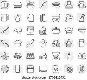Editable thin line isolated vector icon set - fridge, mixer, pan, steam, vegetable oil, kettle, apron, spatula, knife holder, chef, blender, spices, sponge vector, sink, dish cleanser, with foam