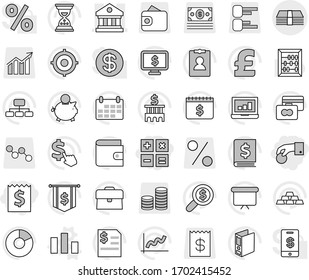 Editable thin line isolated vector icon set - hand coin, receipt, calculator, library, money, chart vector, abacus, graph, pie, laptop, credit card, wallet, piggy bank, case, annual report, building