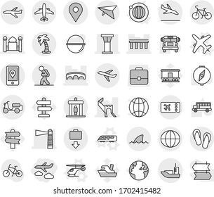 Editable thin line isolated vector icon set - journey, greate wall, bridge, airport tower, lighthouse, minaret, geo pin, plane, mobile location, sea shipping, scooter, globe, deltaplane, bike, palm