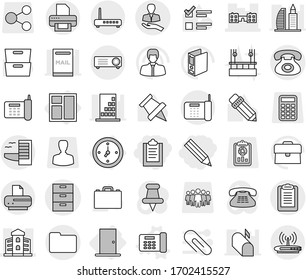 Editable thin line isolated vector icon set - clipboard, pencil, archive vector, building, school, phone, client, documents, watch, window, door, office, cleaning, case, paper pin