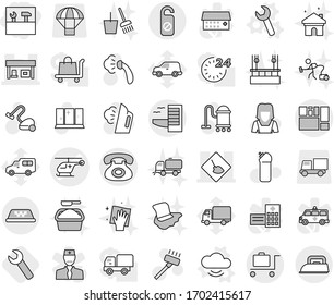 Editable thin line isolated vector icon set - tools, ambulance helicopter vector, under construction, gas station, phone, consolidated cargo, taxi, hotel, baggage trolley, do not distrub, wrench