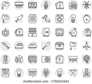 Bearbeitbare dünne Linie einzeln Vektorillustration Symbol Set - Zündkerze, Glühbirne, Klimaanlage, Bügeleisen, Pappe, Waschmaschine, Kühlschrank, Mixer, Wasserkocher, Magnetfeld-Vektorillustration, Magnet, Windmühle, Elektroofen, Mixer