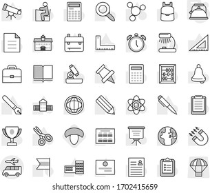 Editable thin line isolated vector icon set - transfer, kettle, mushroom, book vector, pen, university, pencil, school building, corner ruler, student, case, backpack, atom, telescope, microscope