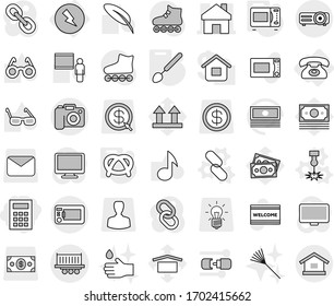 Editable thin line isolated vector icon set - calculator, home, truck shipping, camera, electricity, phone, laser vector, link, big spoon, microwave oven, pretzel, welcome mat, hand drop, rake, pen