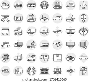Editable thin line isolated vector icon set - box, delivery, cargo stoller, bike, airport building, globe, plane, truck shipping, car, port, fork loader, transporter tape, fast deliver, train, bus