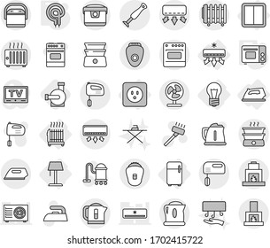 Editable thin line isolated vector icon set - bulb, power socket, switch, radiator, iron, fridge, air conditioning, floor lamp, grill oven, elecric, water pump, vacuum cleaner vector, hand dryer, tv