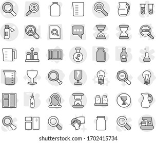 Editable thin line isolated vector icon set - magnifier, vector, potion bottle, fragile, chemical, sand clock, cargo search, bulb, mirror, window, data, vegetable oil, measuring cup, bank, ketchup