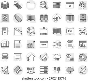Editable thin line isolated vector icon set - archive vector, presentation, documents, bar code, satellite antenna, server, sd card, data search, personal information, graph, dollar growth, barcode