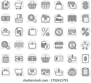 Editable thin line isolated vector icon set - add to cart, basket, money, account balance, purse, delete, market, shopping bag, percent, bar code, credit card, vector, coin stack, receipt, dollar