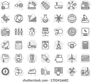 Editable thin line isolated vector icon set - cashbox, phone, virus vector, globe, speaker, electron, touchscreen, setup, antenna signal, solar power, windmill, washer, iron, toaster, microscope, tv