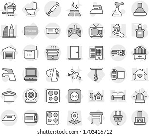 Editable thin line isolated vector icon set - houses, door, real estate, toilet, power socket, alarm, dresser, stool, corkscrew, welcome mat, garage, apron, hob, plunger vector, water tap, iron, web