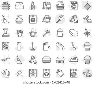 Editable thin line isolated vector icon set - iron, washing machine, broom, bucket, vacuum cleaner, plate, rag, vector, mop, sponge, car fetlock, steaming, washer, powder, cleaning agent, wiping