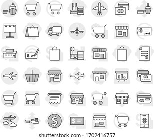 Editable thin line isolated vector icon set - basket, dollar coin, account balance, shop, store, shopping bag, delivery, atm receipt, journey, mall, port, cart, plane, airplane, vector, credit card
