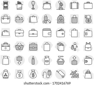 Editable thin line isolated vector icon set - wallet, add to basket, shopping bag, doctor vector, dropper, tourist, passenger, baggage checking, suitcase, get, flour, fertilizer, washing powder