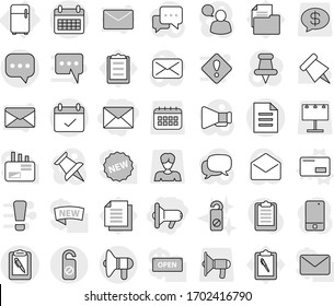 Editable thin line isolated vector icon set - megafon, mail, sms, calendar, terms, clipboard pen, document, loudspeaker, do not distrub, fridge, envelope vector, paper pin, billboard, woman, dialog