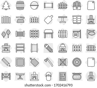 Editable thin line isolated vector icon set - pencil, shop signboard, fence, pallet, table, chest of drawers, dresser, rack, cutting board, fireplace, trees, axe, wheel, barrel, farm, spruce, abacus