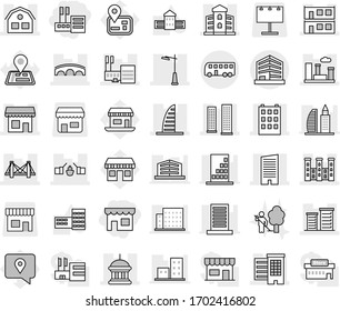 Editable thin line isolated vector icon set - shop, store, bridge, drawbridge, houses, goverment house, building, skyscrapers, skyscraper, mall, modular, district, city, palace, outdoor light, bus