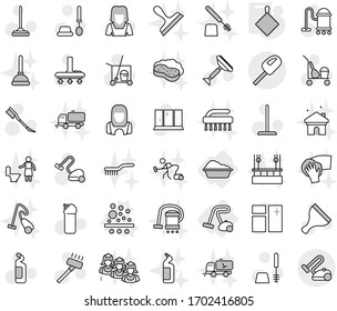Editable thin line isolated vector icon set - washing, vacuum cleaner, filter vector, rag, scraper, trolley, mop, car fetlock, window cleaning, toilet brush, agent, shining, woman, sweeper, wiping