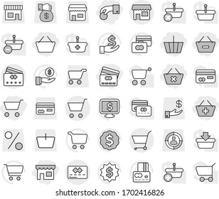 Editable thin line isolated vector icon set - cart, basket, hand coin, add to, remove from, delete, credit card, shop, vector, investment, dollar medal, monitor, target audience, money gift, percent