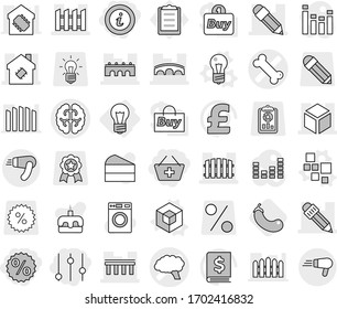 Editable thin line isolated vector icon set - add to basket, percent, equalizer, info, bone vector, brain, bridge, pencil, 3d, smart house, fence, bulb, blocks, eggplant, washer, cake, annual report
