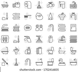 Editable thin line isolated vector icon set - wc, water tap, sink, bath, toilet, towel, soap vector, plunger, fetlock, brush, paper, shower, closet, shampoo, hanger, supply