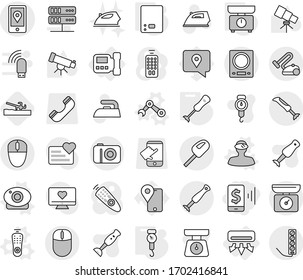 Editable thin line isolated vector icon set - mobile pay, location, air conditioning, intercome, remote control vector, web camera, vr helmet, robot hand, kitchen scales, handle, blender, iron