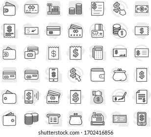 Editable thin line isolated vector icon set - credit card, receipt, account balance, mobile pay, wallet, cashbox, vector, coin stack, check, dollar cursor, purse, money, gift, reader, tap