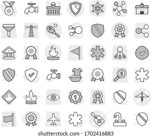 Editable thin line isolated vector icon set - medal, ambulance star vector, medical label, sign, university, flammable, tennis, shield, handwheel, water tap, handle washing, protected, lighthouse