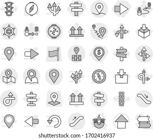 Editable thin line isolated vector icon set - dollar pin, right arrow, singlepost, trip, geo, map, route, escalator, signpost, handwheel, compass, electric magnet vector, up, traffic light, top sign