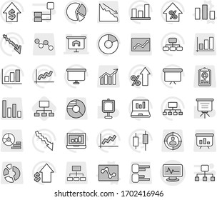 Editable thin line isolated vector icon set - monitor pulse vector, presentation, chart, analytics, hierarchy, graph, pie, japanese candle, laptop, crisis, percent growth, dollar, board, report