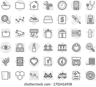 Editable thin line isolated vector icon set - receipt, lipstick, info, eye vector, bridge, lock, smart house, documents, mobile checking, heart pendant, on off button, solar panel, pan, kettle, gift